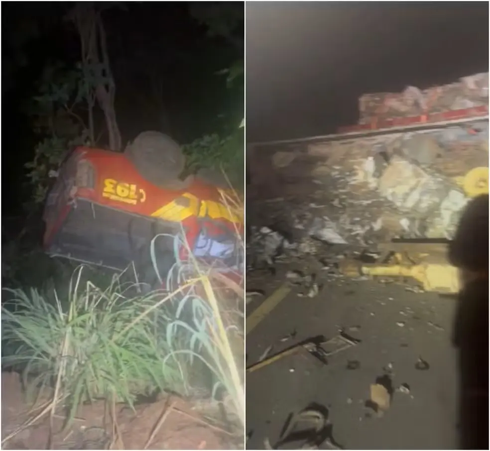 Viatura dos Bombeiros capota após tentar desviar de caminhão tombado e militares ficam feridos