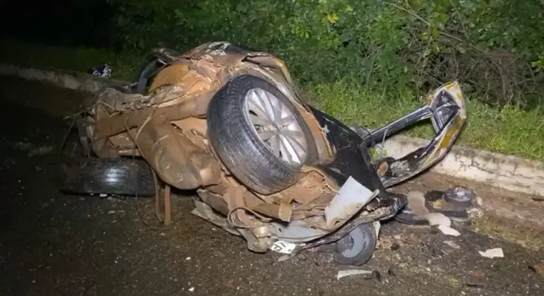 Carro ficou completamente destruído após acidente na BR-153, próximo à Nova Olinda — Foto: Alta Tensão-TO/Divulgação