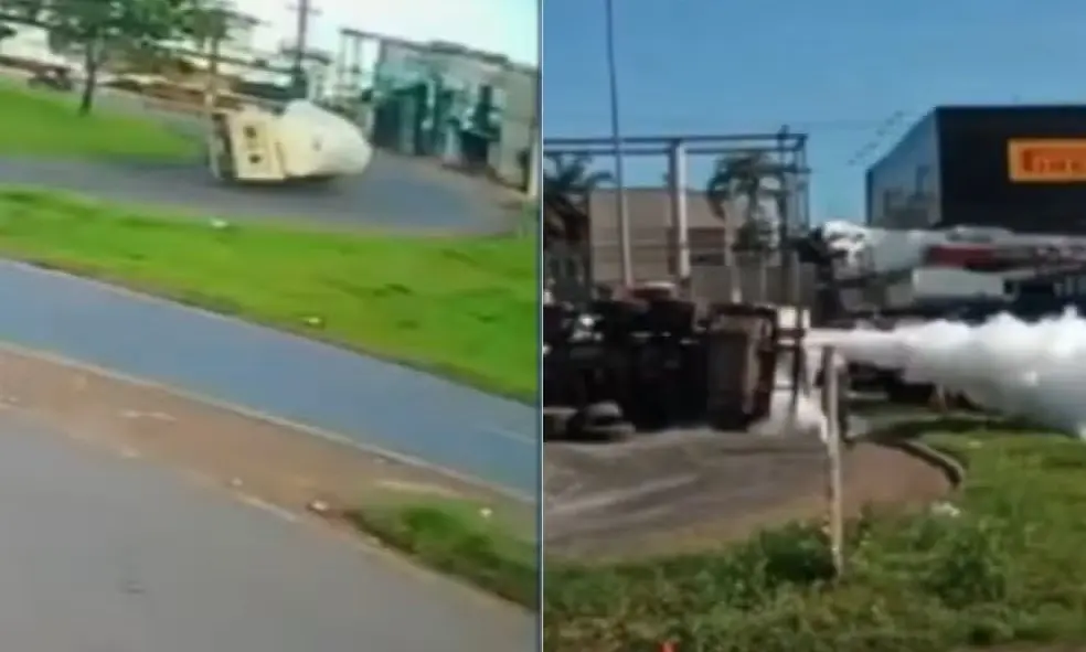 Caminhão tombou em rotatória da BR-153 em Araguaína — Foto: Reprodução