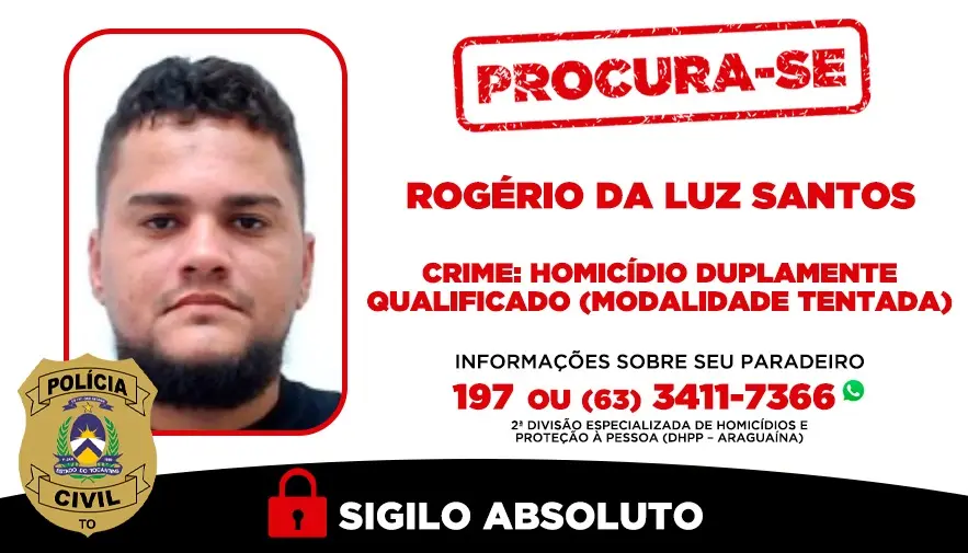 Informações sobre seu paradeiro podem ser fornecidas à 2ª Divisão, por meio do telefone/WhatsApp (63) 3411-7366. O anonimato é garantido - Foto: Divulgação SSP/TO