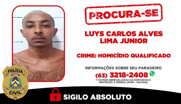 Informações sobre seu paradeiro podem ser fornecidas à 1ª DHPP-Palmas através do WhatsApp (63) 3218-2408