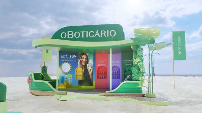 Quiosque temático com produtos, construído com elementos característicos da região Norte e da identidade da marca 