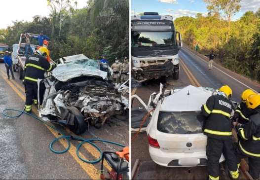 Batida entre carro e caminhão deixou três pessoas mortas na BR-235 — Foto: Divulgação/Bombeiros