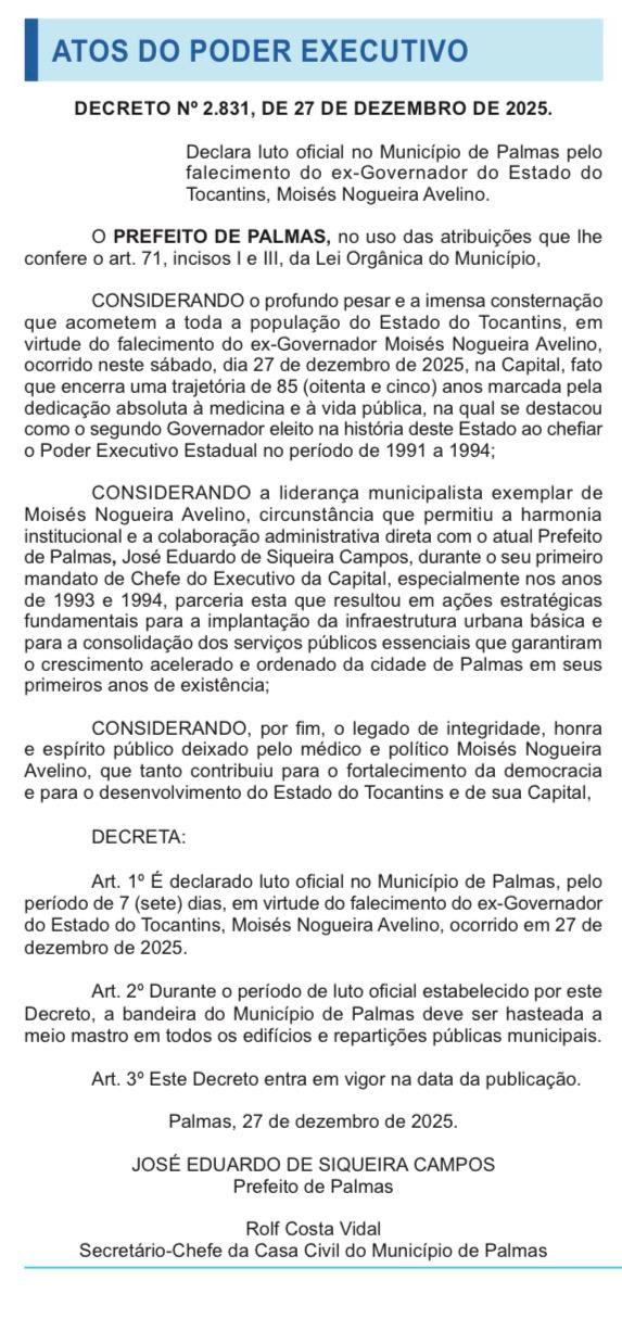 LUTO: “O Tocantins perde um patrimônio moral e parte viva da sua história”, diz Eduardo Siqueira