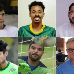 V&iacute;timas do acidente a&eacute;reo que levava parte da delega&ccedil;&atilde;o do Palmas Futebol e Regatas, do topo esquerdo, em sentido hor&aacute;rio: o atacante Marcus Molinari, o lateral-esquerdo Lucas Praxedes, o empres&aacute;rio Lucas Meira, o piloto Wagner Machado, o goleiro Ranule e o zagueiro Guilherme No&eacute; &mdash; Foto: XV de Ja&uacute;/Divulga&ccedil;&atilde;o; Caldense/Divulga&ccedil;&atilde;o; Reprodu&ccedil;&atilde;o