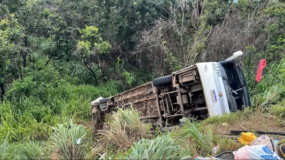 Mulher morre após ônibus tombar na BR-153, em Aliança do Tocantins — Foto: Kaliton Mota/TV Anhanguera Mulher morre após ônibus tombar na BR-153, em Aliança do Tocantins — Foto: Kaliton Mota/TV Anhanguera