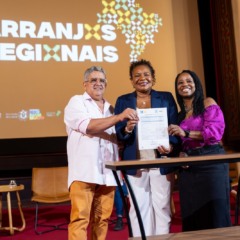 O secret&aacute;rio da Cultura, Adolfo Bezerra juntamente com a Ministra da Cultura, Margareth Menezes, e a secret&aacute;ria do Audiovisual do Minist&eacute;rio da Cultura, Joelma Gonzaga - Foto: Juliana Uepa/MinC