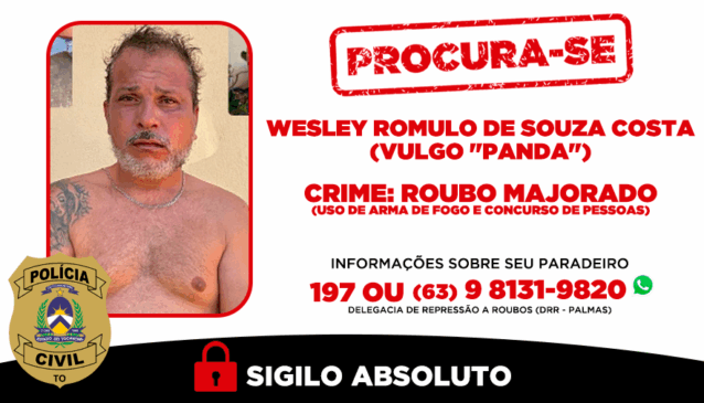 Informações sobre o paradeiro do suspeito podem ser repassadas à DRR pelo WhatsApp (63) 9 8131-9820 ou pelo 197; sigilo é garantido - Foto: Dicom SSP/TO
