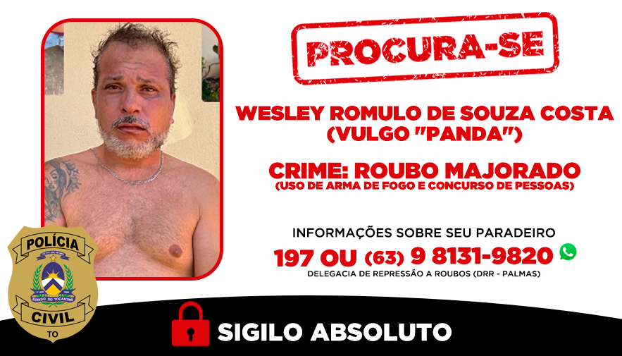 Informações sobre o paradeiro do suspeito podem ser repassadas à DRR pelo WhatsApp (63) 9 8131-9820 ou pelo 197; sigilo é garantido - Foto: Dicom SSP/TO Informações sobre o paradeiro do suspeito podem ser repassadas à DRR pelo WhatsApp (63) 9 8131-9820 ou pelo 197; sigilo é garantido - Foto: Dicom SSP/TO
