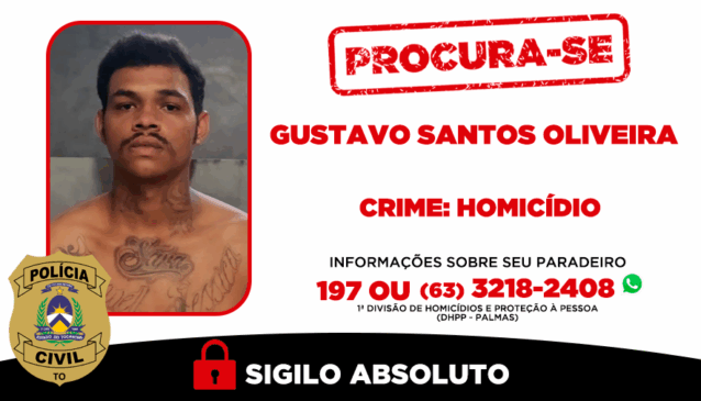 Informações sobre o paradeiro do suspeito podem ser repassadas à 1ª DHPP; o sigilo é garantido - Foto: Dicom SSP/TO