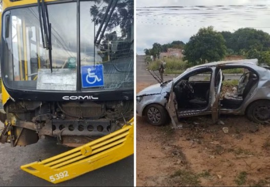 Adolescente sem habilitação dirigia carro que bateu em ônibus — Foto: Reprodução/TV Anhanguera