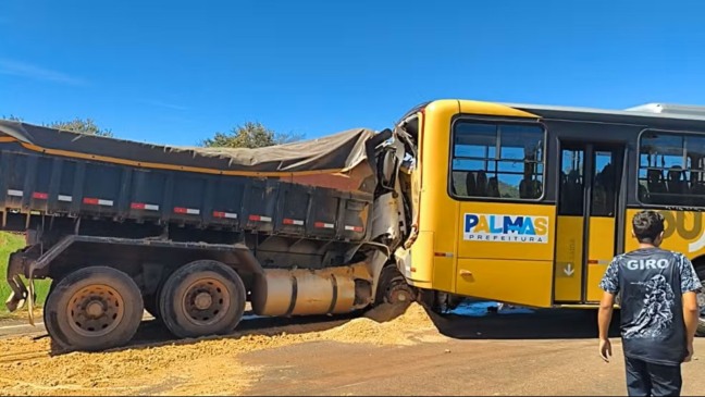 A batida danificou a parte trazeira do ônibus e a frente do caminhão — Foto: Divulgação/Redes sociais