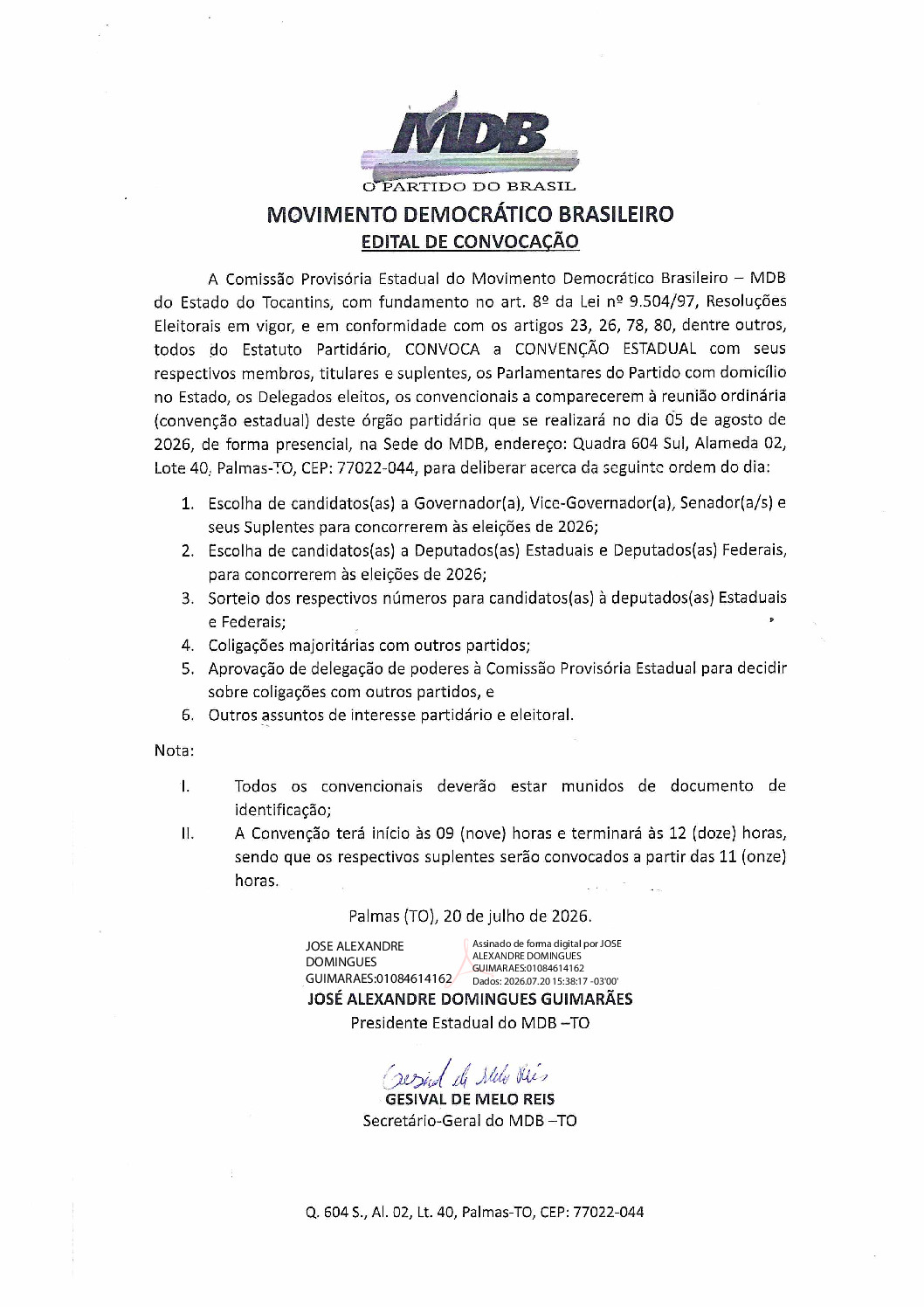 Aliado de Vicentinho, MDB convoca convenção para 5 de agosto na sede do partido