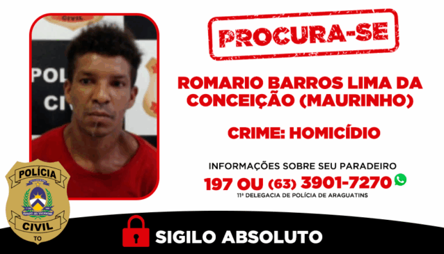 Romário é procurado por suspeita de envolvimento em homicídio; informações podem ser repassadas à 11ª Delegacia de Polícia de Araguatins - Foto: Dicom SSP/TO