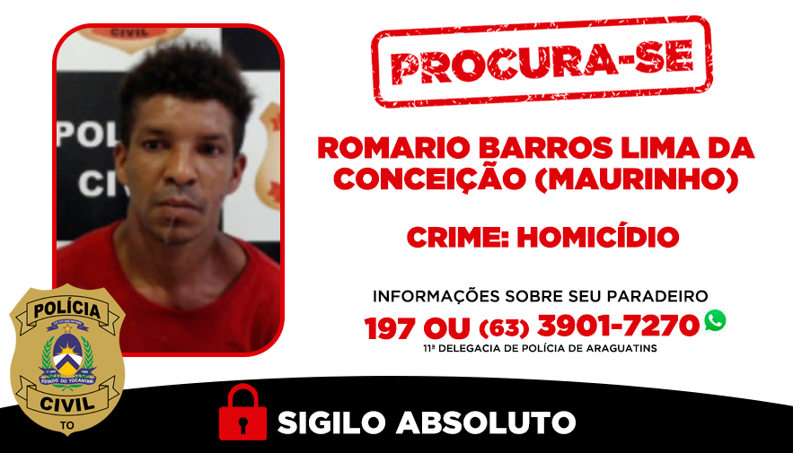 Romário é procurado por suspeita de envolvimento em homicídio; informações podem ser repassadas à 11ª Delegacia de Polícia de Araguatins - Foto: Dicom SSP/TO Romário é procurado por suspeita de envolvimento em homicídio; informações podem ser repassadas à 11ª Delegacia de Polícia de Araguatins - Foto: Dicom SSP/TO