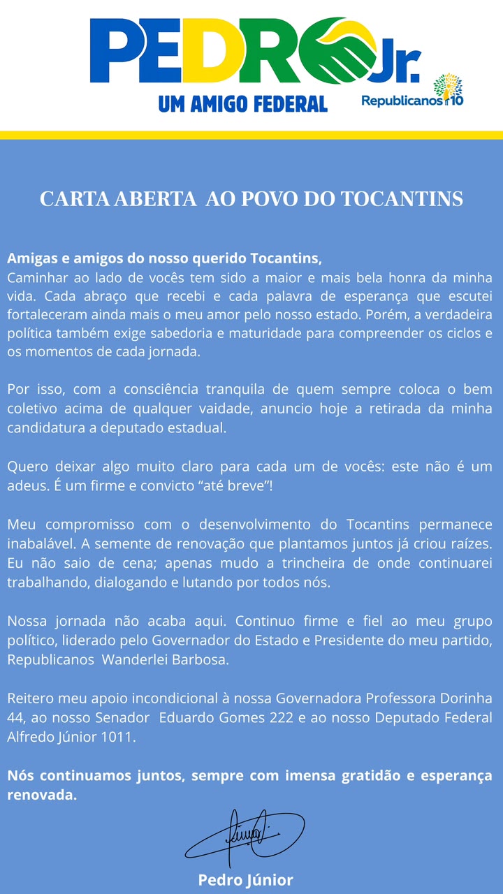 Pedro Júnior desiste de candidatura a deputado estadual e reafirma apoio a Dorinha, Eduardo Gomes e Alfredo Júnior