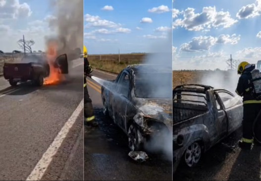 Carro ficou destruído após pegar fogo em rodovia — Foto: Guaraí Notícias/Divulgação