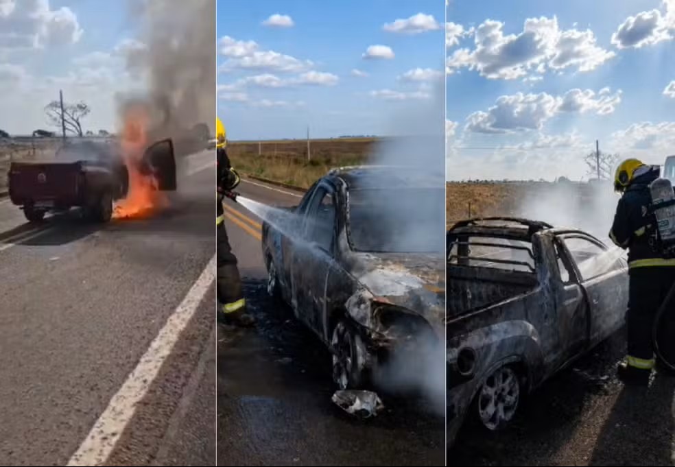 Carro ficou destruído após pegar fogo em rodovia — Foto: Guaraí Notícias/Divulgação Carro ficou destruído após pegar fogo em rodovia — Foto: Guaraí Notícias/Divulgação