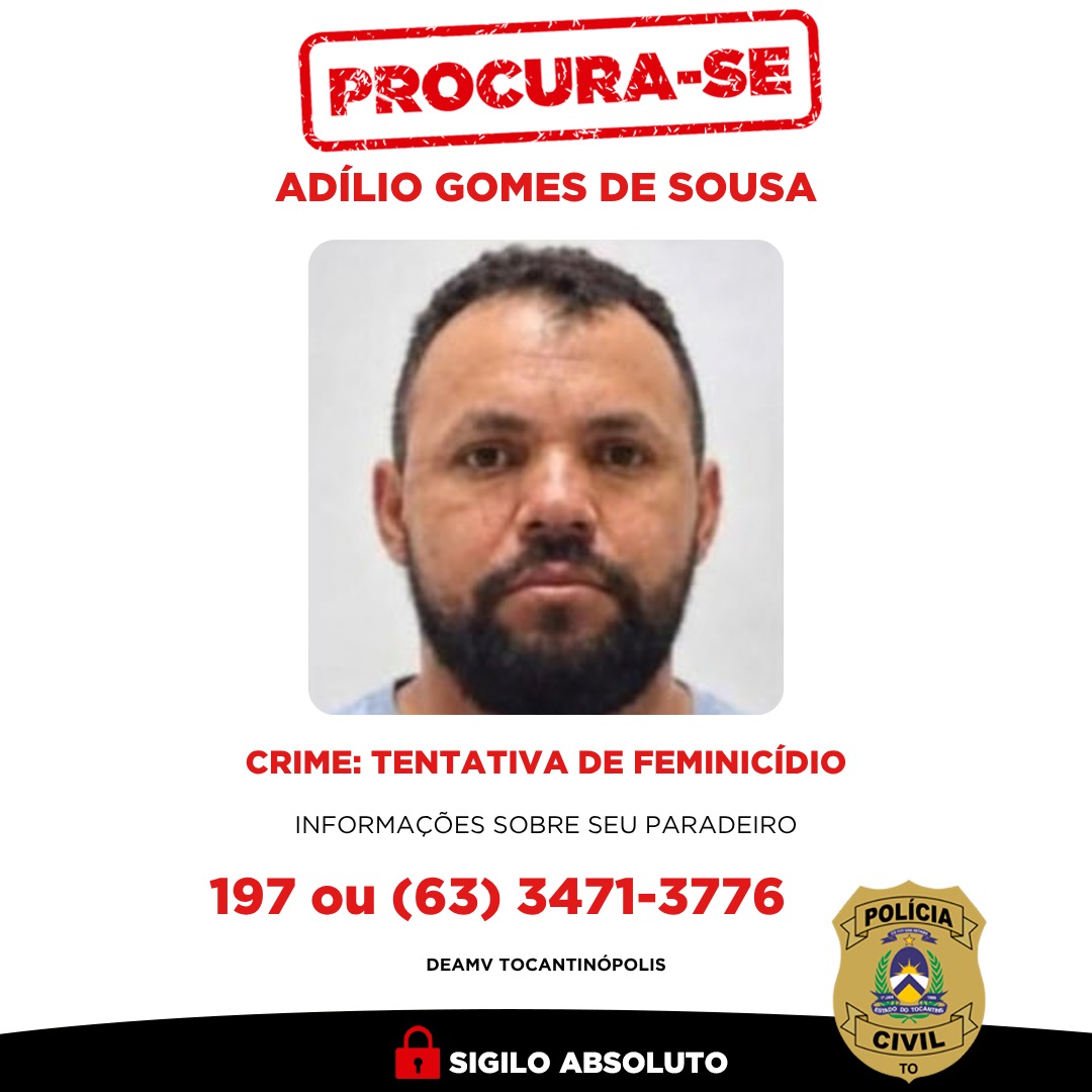 Informações que possam contribuir para a localização de Adílio podem ser repassadas, de forma sigilosa, pelo telefone (63) 3471-3776 - Foto: Dicom SSP/TO Informações que possam contribuir para a localização de Adílio podem ser repassadas, de forma sigilosa, pelo telefone (63) 3471-3776 - Foto: Dicom SSP/TO